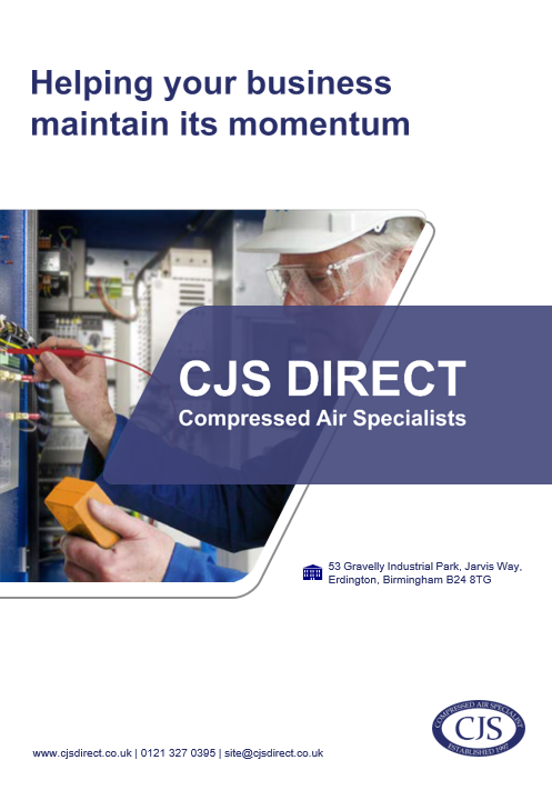 A flyer for "CJS Direct - Compressed Air Specialists" with the tagline "Helping your business maintain its momentum". The flyer features a cropped image of a person wearing safety glasses and a hard hat, working on an electrical panel. The person is holding a yellow multimeter with red and black probes, testing components. Below the title, the address "53 Gravelly Industrial Park, Jarvis Way, Erdington, Birmingham B24 8TG" is listed. At the bottom of the flyer, there is a logo for CJS Direct and contact information: "www.cjsdirect.co.uk | 0121 327 0395 | site@cjsdirect.co.uk".